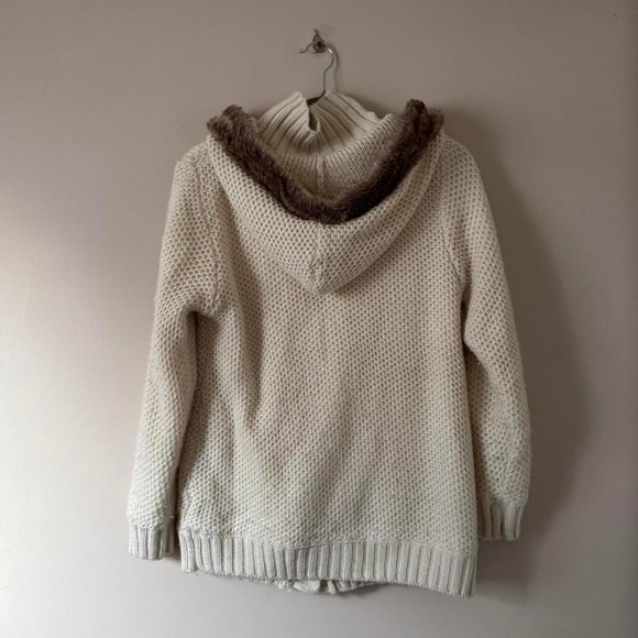 Cable knit faux fur hood cardigan Medium Y2K Cream Brown - Picture 5 of 7